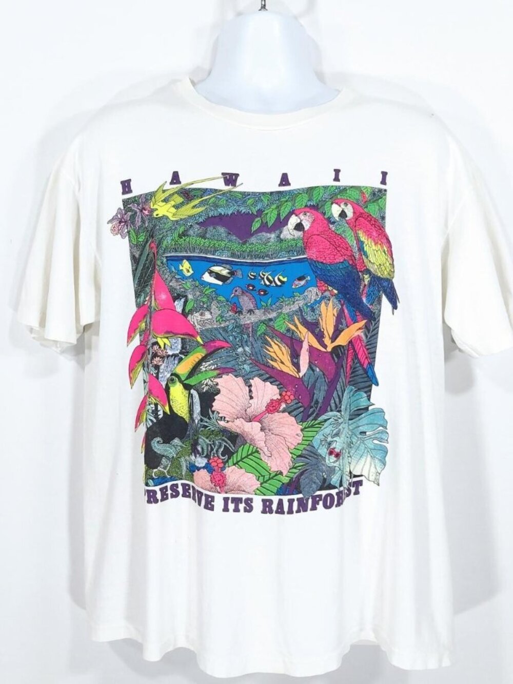 Vtg 90s Hawaii Preserve Its Rainforest Nature Animal Distressed T-Shirt. Sz L.